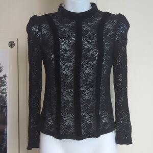 Black Lace Women's Top With Faux Velvet Details